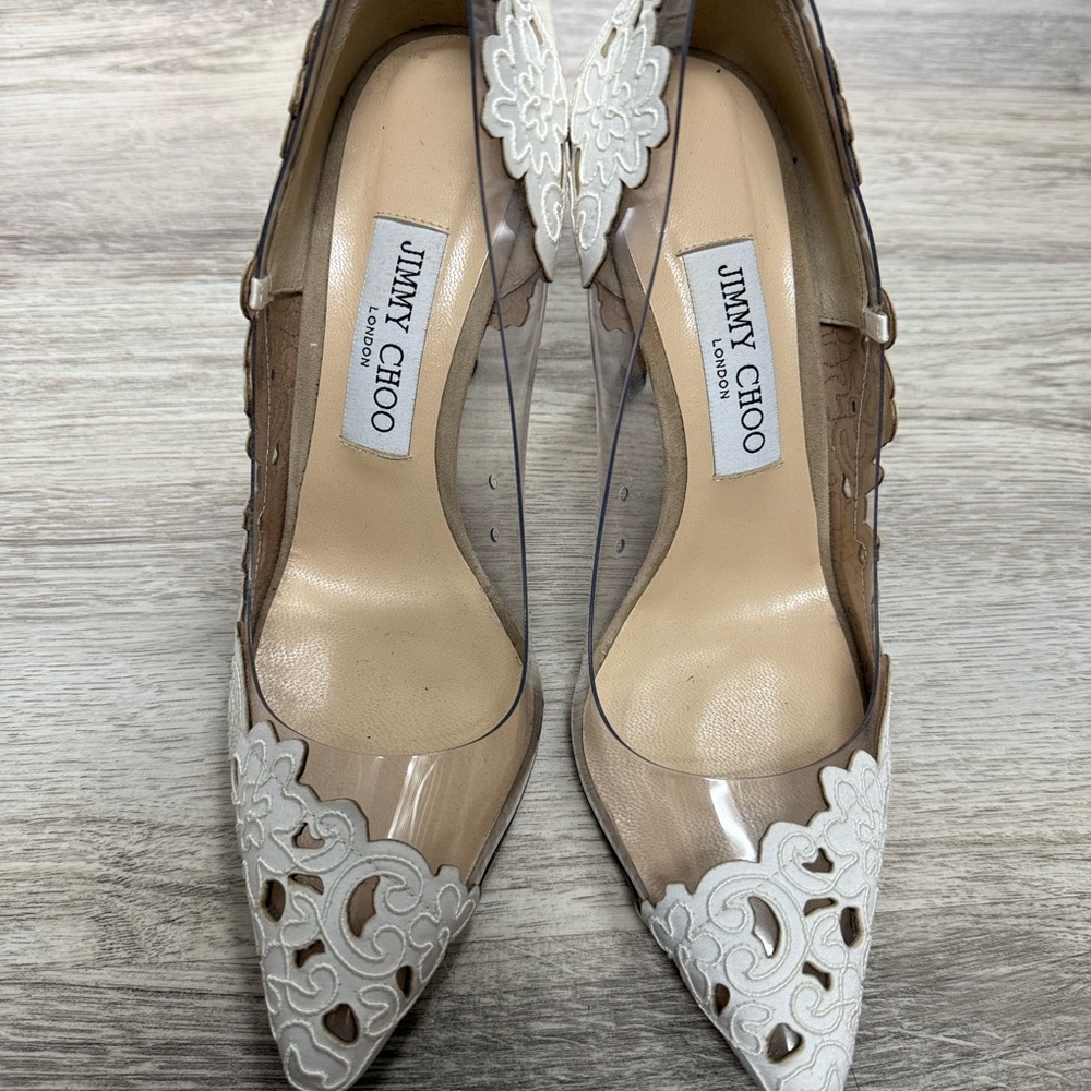 Jimmy Choo Beige and White Lace Heels